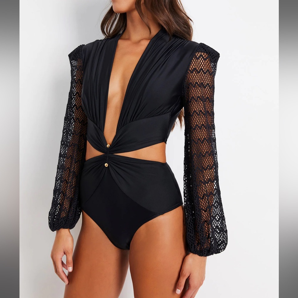 PATBO PLUNGE NETTED SLEEVE SWIMSUIT